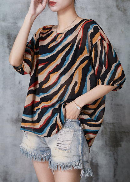 Plus Size Khaki Oversized Striped Chiffon Tops Summer AL1005