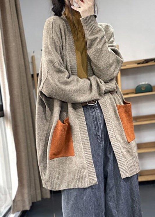 Übergröße Khaki Taschen Patchwork Strickjacke Herbst OO005