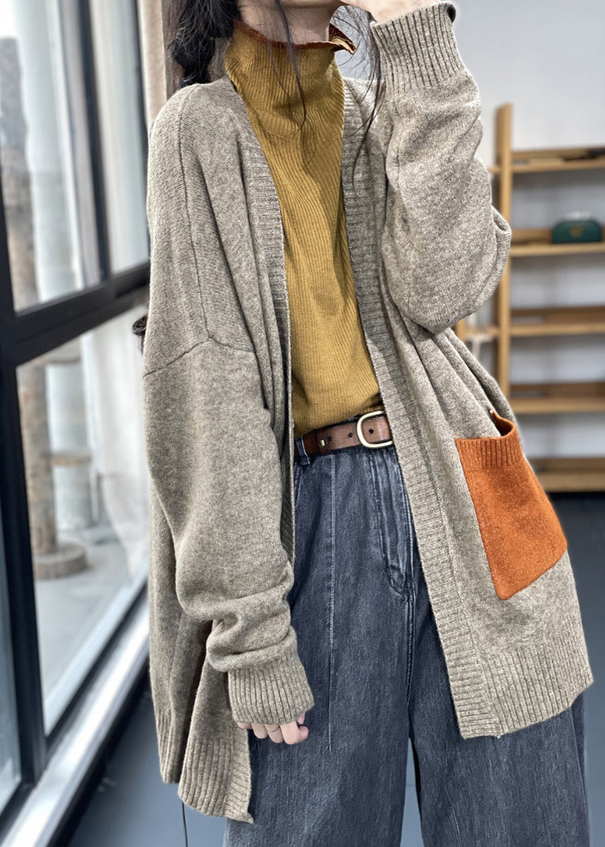 Übergröße Khaki Taschen Patchwork Strickjacke Herbst OO005