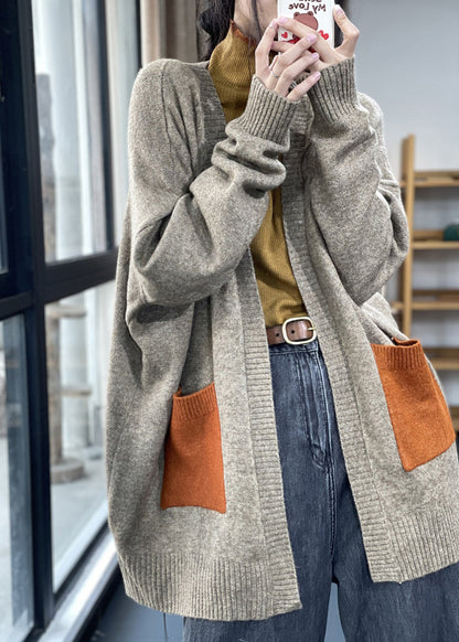Übergröße Khaki Taschen Patchwork Strickjacke Herbst OO005