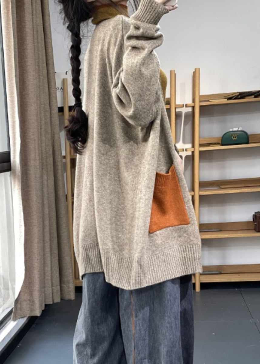 Übergröße Khaki Taschen Patchwork Strickjacke Herbst OO005