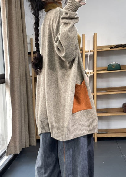 Übergröße Khaki Taschen Patchwork Strickjacke Herbst OO005