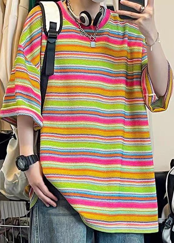 Khaki T Size Plus Summer Knit Shirt Out Striped Men Hollow