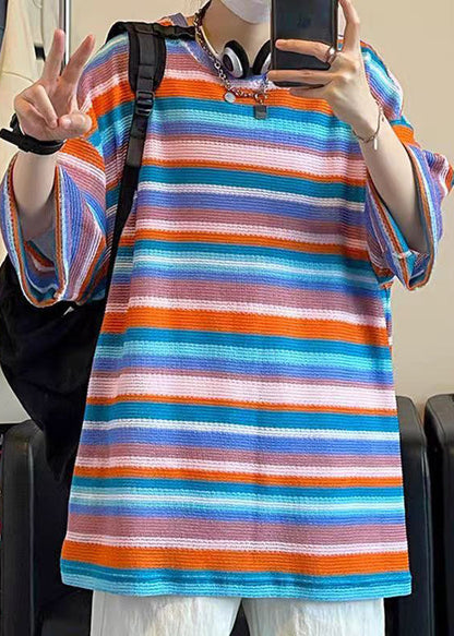 Khaki T Size Plus Summer Knit Shirt Out Striped Men Hollow