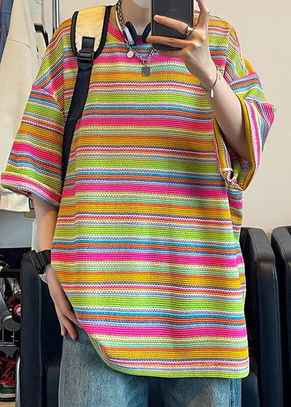 Khaki T Size Plus Summer Knit Shirt Out Striped Men Hollow