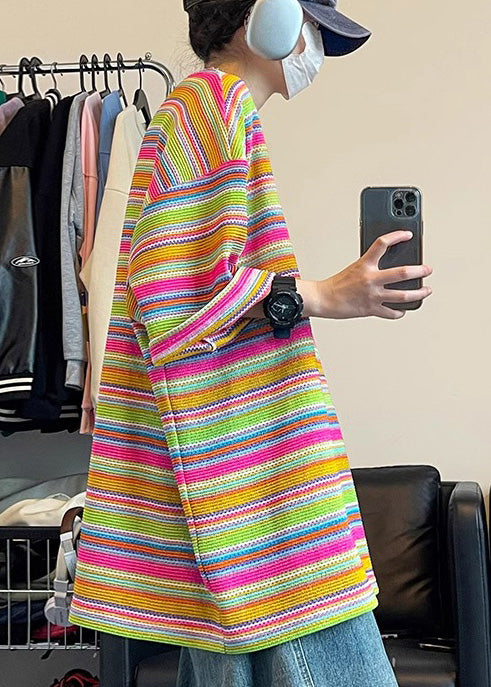 Khaki T Size Plus Summer Knit Shirt Out Striped Men Hollow