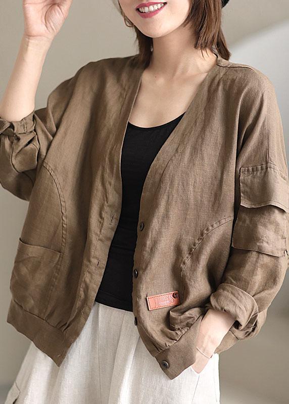 Plus Size Khaki V-Ausschnitt Lockere Knopfleiste Herbst Langarmjacke QS051