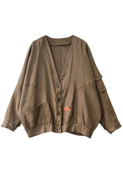 Plus Size Khaki V-Ausschnitt Lockere Knopfleiste Herbst Langarmjacke QS051