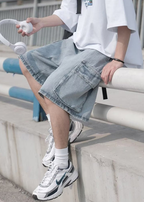 Plus Size Light Blue Pockets Elastic Waist Mens Shorts Summer YL014