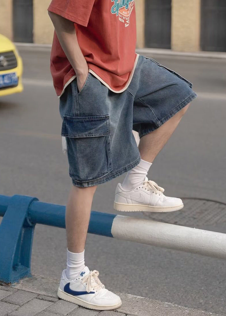 Plus Size Light Blue Pockets Elastic Waist Mens Shorts Summer YL014