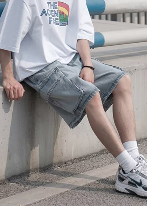 Plus Size Light Blue Pockets Elastic Waist Mens Shorts Summer YL014