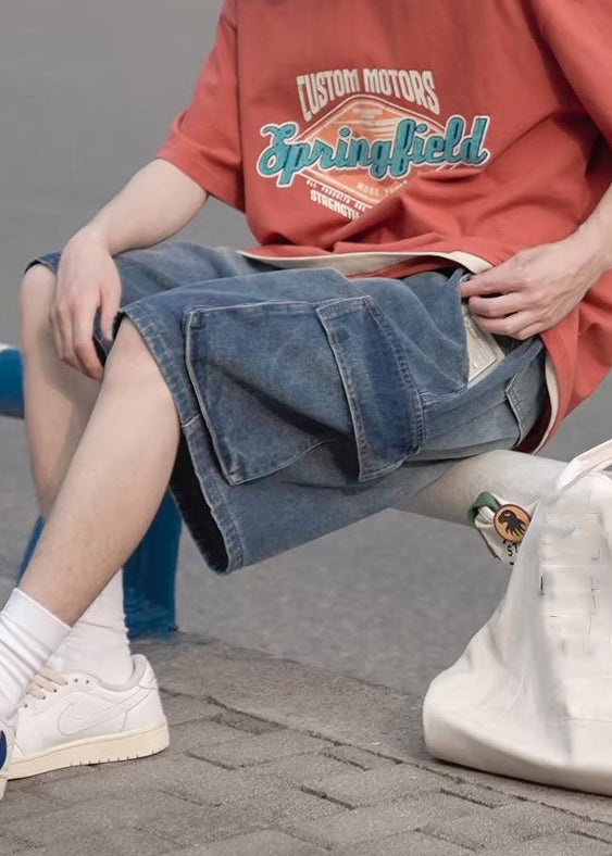 Plus Size Light Blue Pockets Elastic Waist Mens Shorts Summer YL014