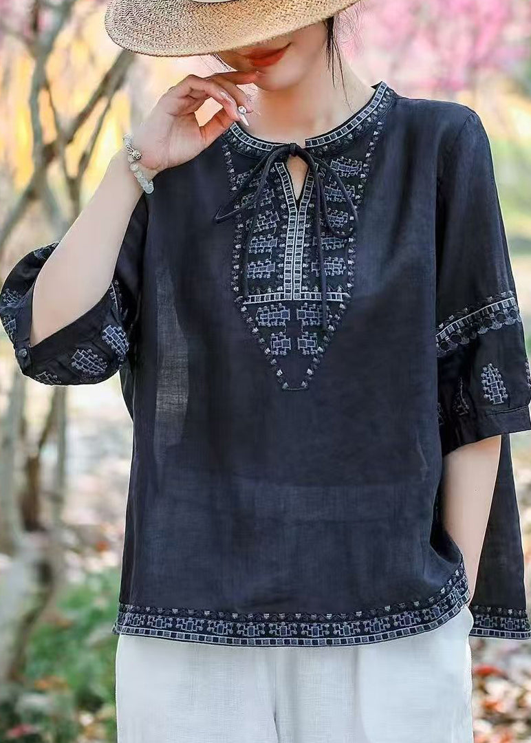 Blouses Navy Size Plus Embroidered Summer Linen