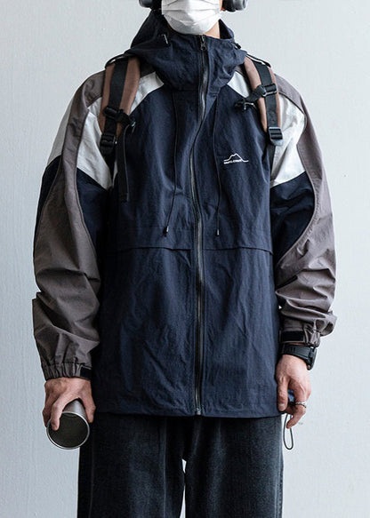 Hooded Size Mens Patchwork Plus Cotton Drawstring Navy Coats