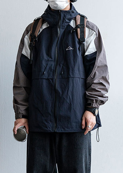 Hooded Size Mens Patchwork Plus Cotton Drawstring Navy Coats