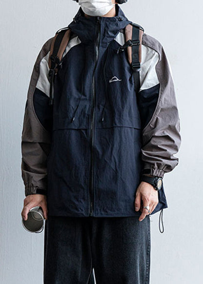 Hooded Size Mens Patchwork Plus Cotton Drawstring Navy Coats