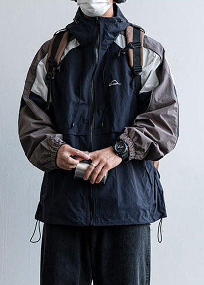 Hooded Size Mens Patchwork Plus Cotton Drawstring Navy Coats