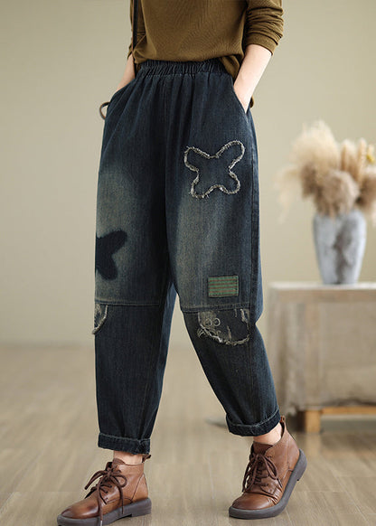 Plus Size Navy Pockets Elastic Waist Denim Pants Fall QO040