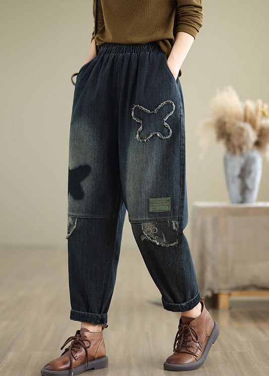 Plus Size Navy Pockets Elastic Waist Denim Pants Fall QO040