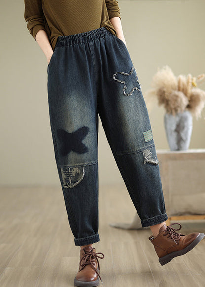 Plus Size Navy Pockets Elastic Waist Denim Pants Fall QO040