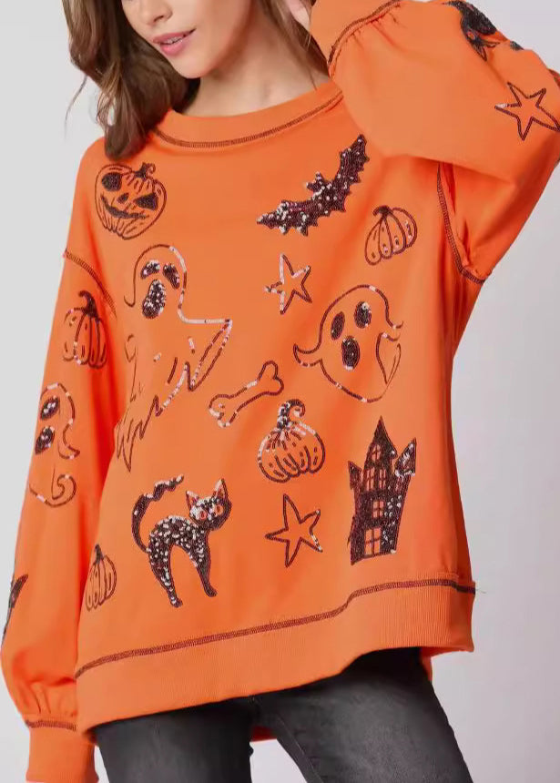 Plus Size Orange O Neck Sequins Cotton Sweatshirts Fall AE1040