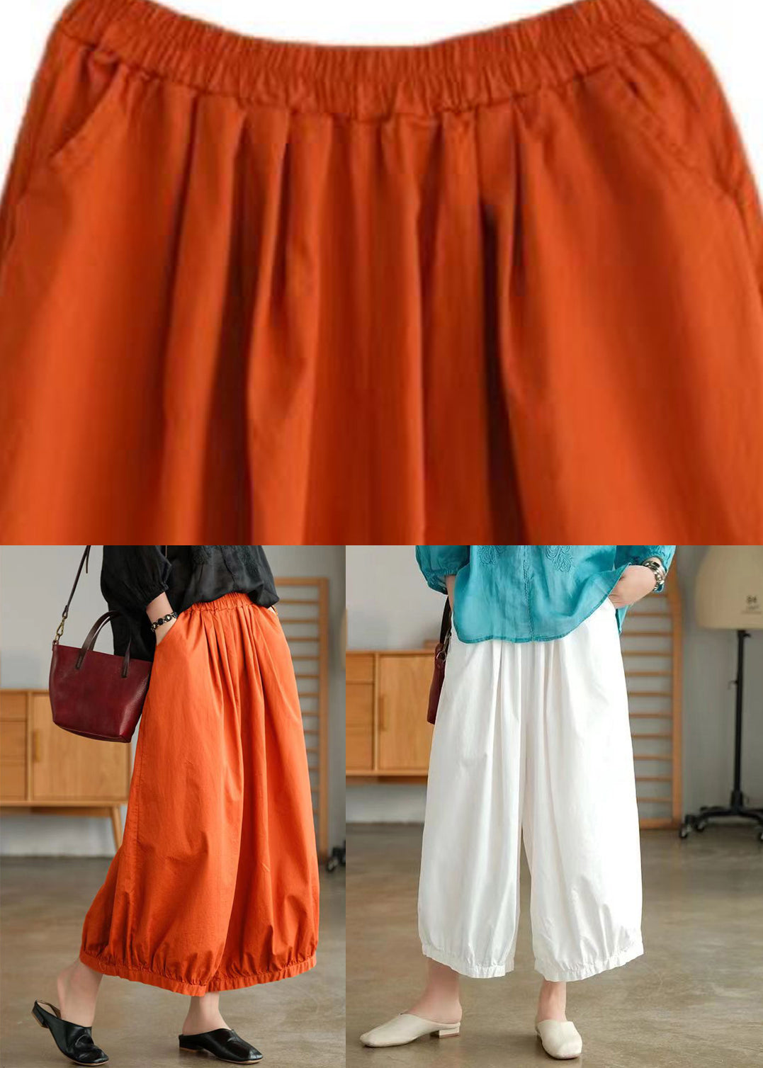 Pantalon lanterne en coton à poches orange grande taille pour l'été BV071