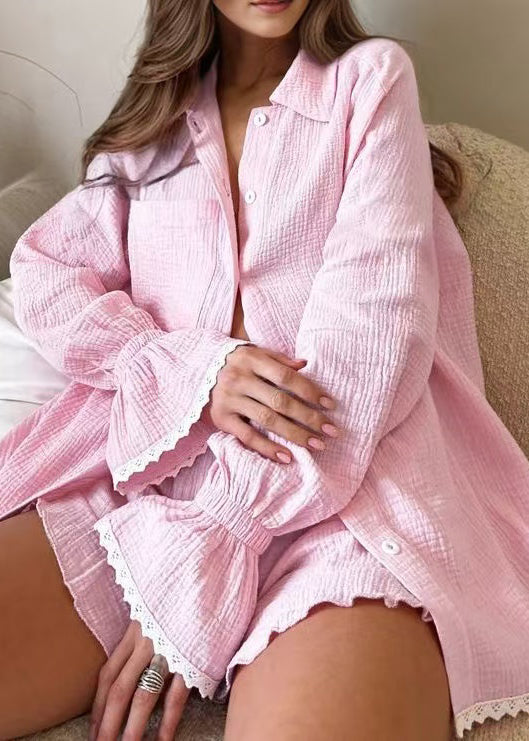 Lace Pink Size Sets Patchwork Sleeve Flare Oversized Plus Pajama