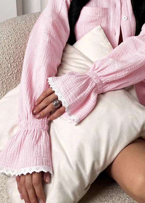 Lace Pink Size Sets Patchwork Sleeve Flare Oversized Plus Pajama