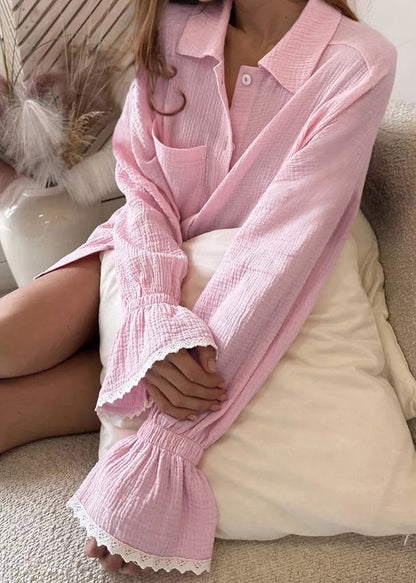 Lace Pink Size Sets Patchwork Sleeve Flare Oversized Plus Pajama