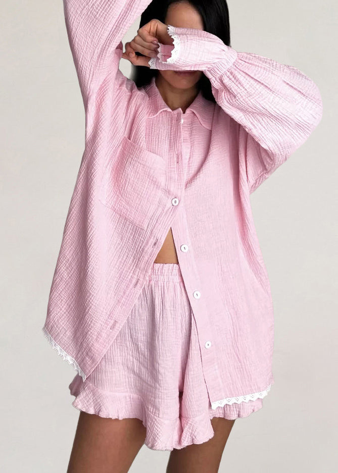 Lace Pink Size Sets Patchwork Sleeve Flare Oversized Plus Pajama