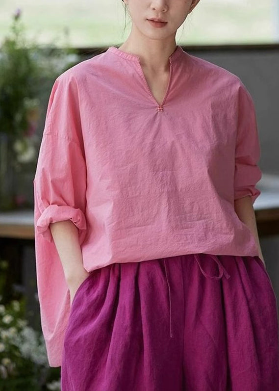 Blouses Neck Plus Open Solid Size Cotton Pink V Side Fall
