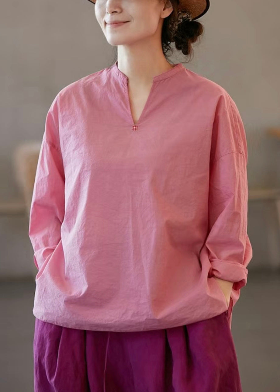 Blouses Neck Plus Open Solid Size Cotton Pink V Side Fall