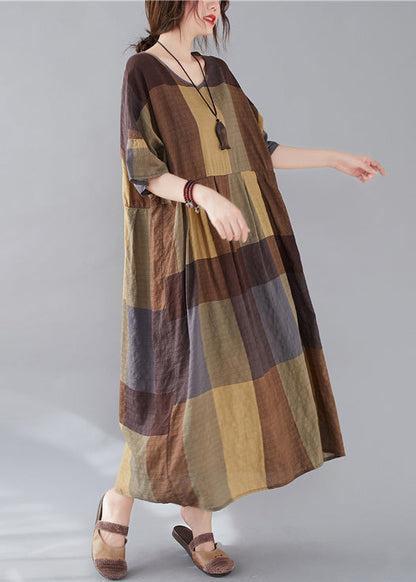 Plus Size Plaid V Neck Patchwork Linen Long Dresses Summer GG018