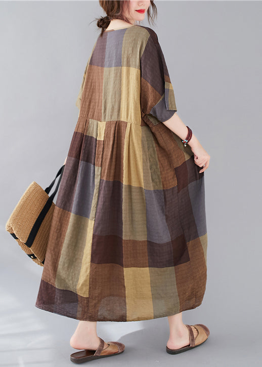 Plus Size Plaid V Neck Patchwork Linen Long Dresses Summer GG018