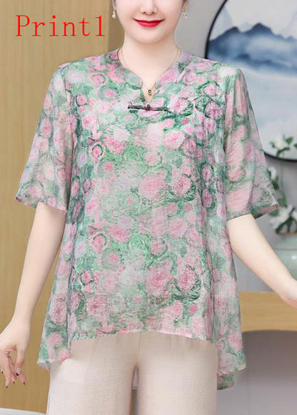 Button Oriental Print Chiffon Plus Summer Size Top