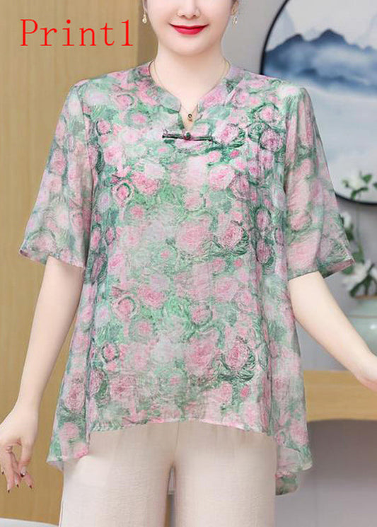 Button Oriental Print Chiffon Plus Summer Size Top