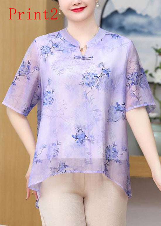 Button Oriental Print Chiffon Plus Summer Size Top