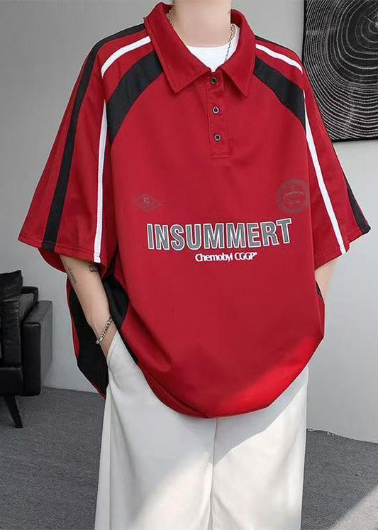 Cotton Button Shirt Patchwork Half Letter Men Plus Size Red Polo