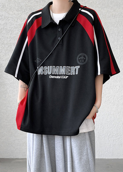 Cotton Button Shirt Patchwork Half Letter Men Plus Size Red Polo