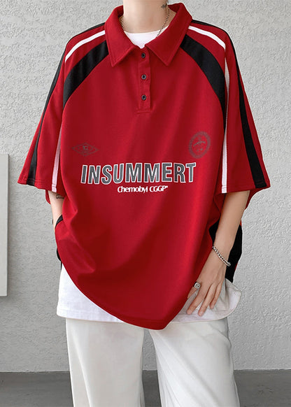 Cotton Button Shirt Patchwork Half Letter Men Plus Size Red Polo