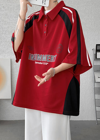 Cotton Button Shirt Patchwork Half Letter Men Plus Size Red Polo