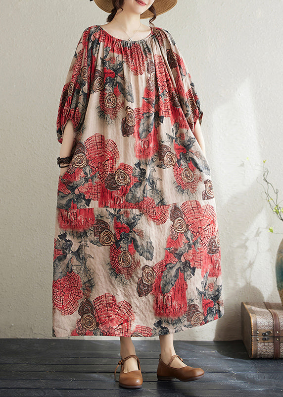 Plus Size Rotes O-Ausschnitt-Print-Baumwoll-Langkleid mit Puffärmeln AP038