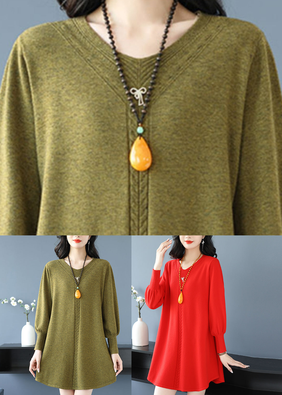 Plus Size Red Patchwork Thick Cotton Knitted Sweaters Winter TE032