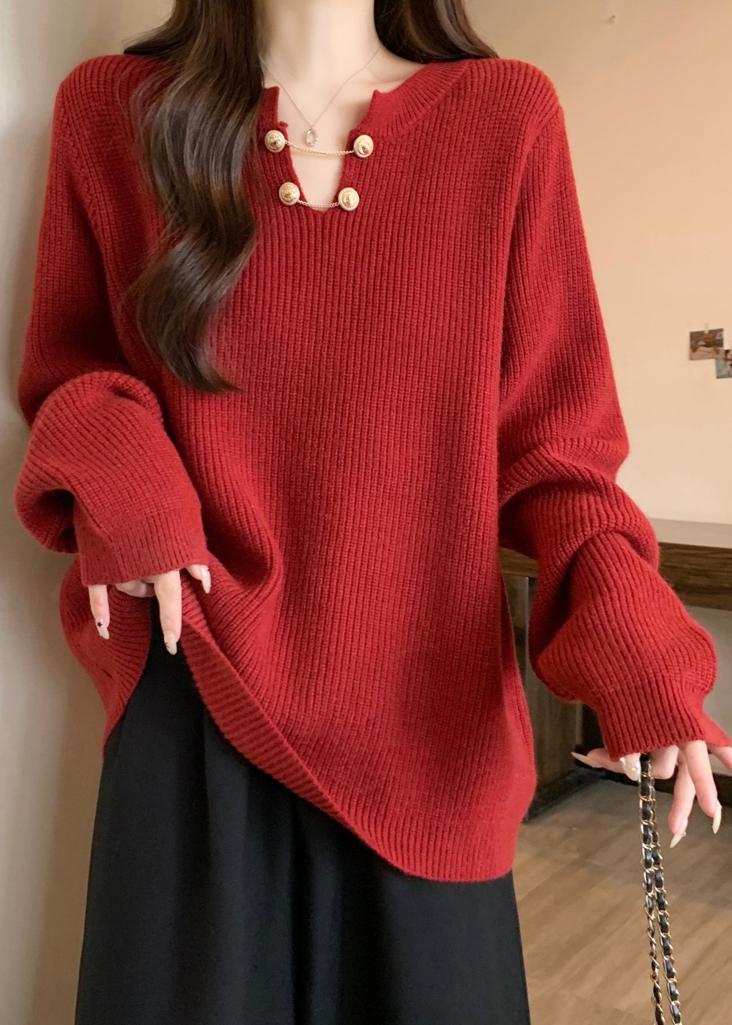 Plus Size Red V Neck Thick Warm Knit Sweaters Winter RG032