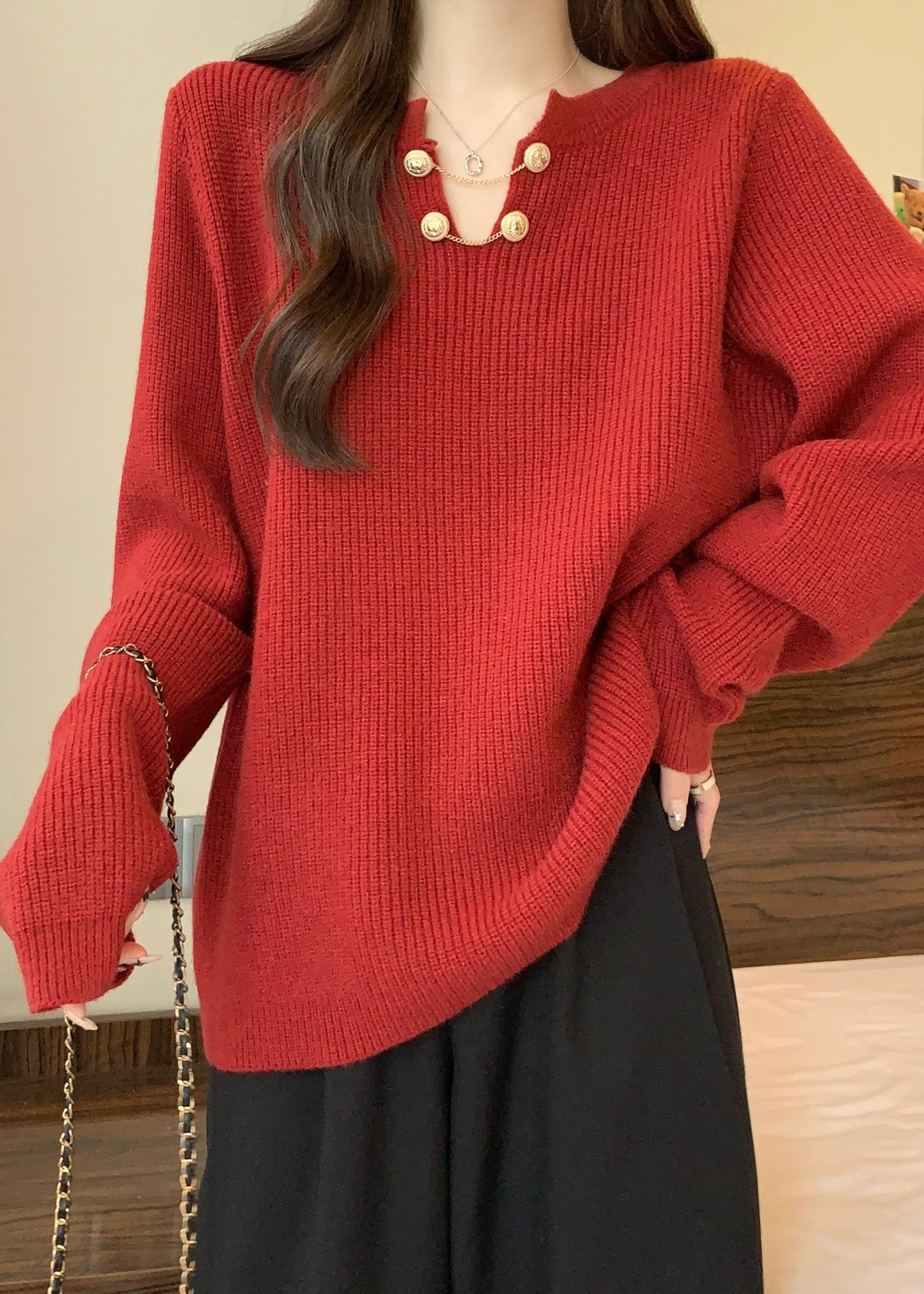 Plus Size Red V Neck Thick Warm Knit Sweaters Winter RG032