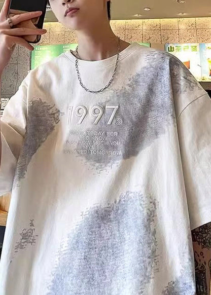 Tie Dye Men White Half Cotton Shirts Plus Embroideried Size T