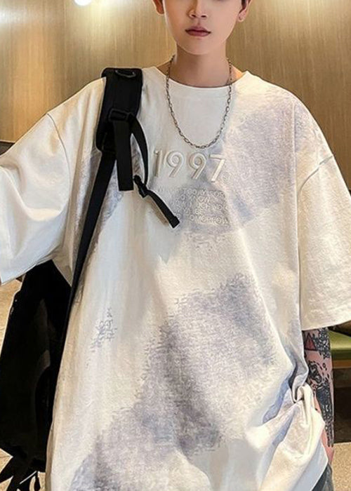 Tie Dye Men White Half Cotton Shirts Plus Embroideried Size T