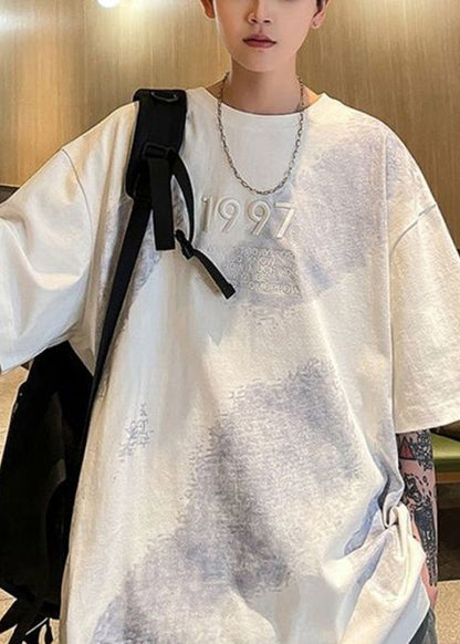 Tie Dye Men White Half Cotton Shirts Plus Embroideried Size T