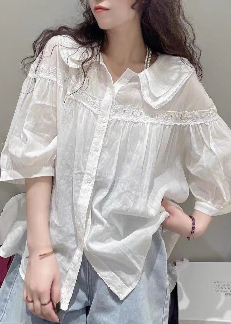 Collar Half Blouses White Pan Peter Cotton Sleeve Plus Size Lace