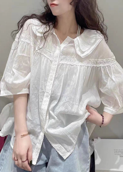 Collar Half Blouses White Pan Peter Cotton Sleeve Plus Size Lace